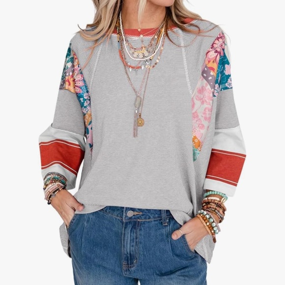 Tops - New- Boho Style Colorful Patchwork Long Sleeve Top
